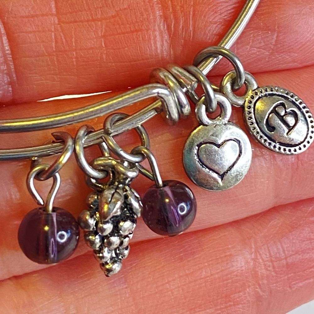 Grape‎ Charm Bangle Bracelet Silver Tone Wine Purple Beads Expandable Wire